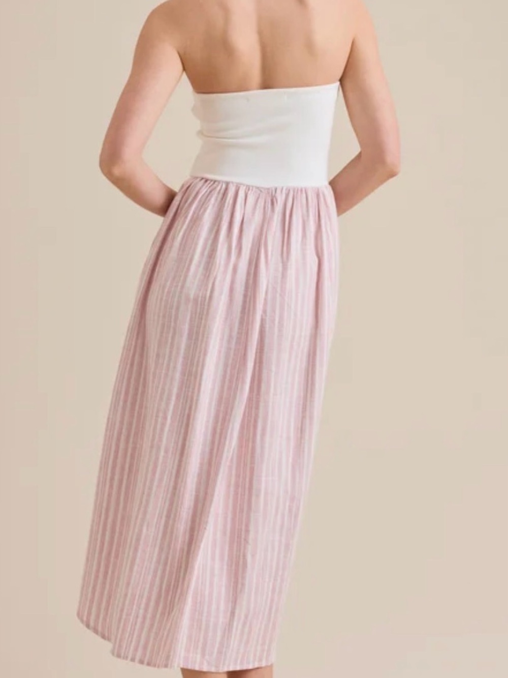 Strapless White Bodice with Pink Stripe Midi Dress - Picture 4 of 4
